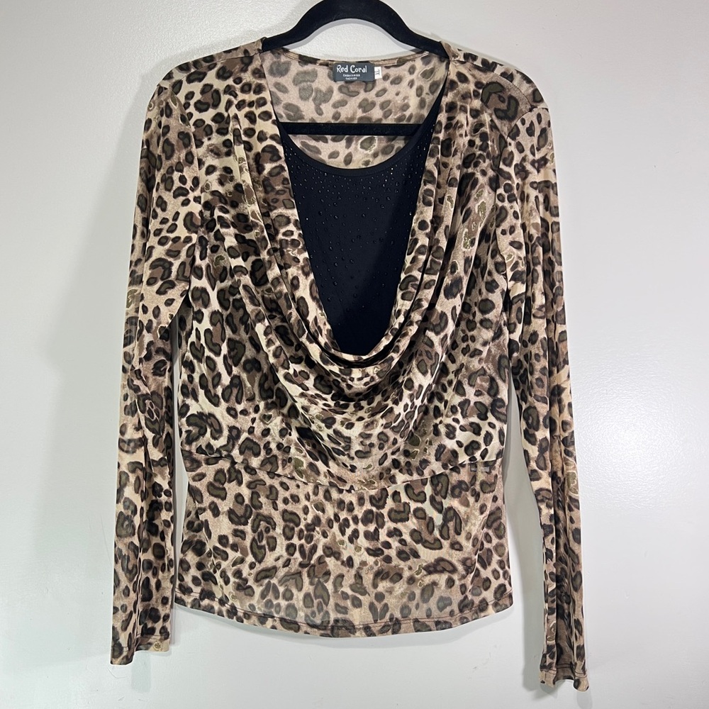Red Coral Semi Sheer Long Sleeve Womens Top Size XL Chic Leopard Y2K Maximalist